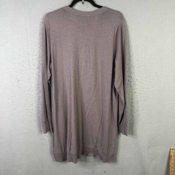 LOGO Lavish Cardigan Sweater Womens XL Taupe Longline Embellished Lace Pockets - Picture 2 of 16